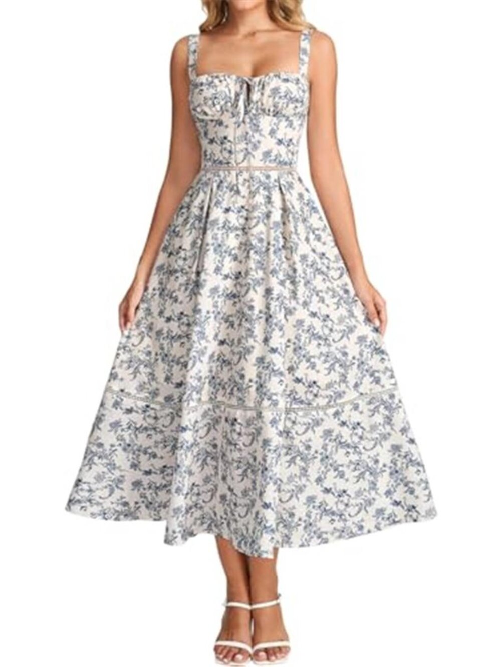 Women's Floral Corset Midi Dress Lace Up Flowy A Line Summer Dress with Pocket